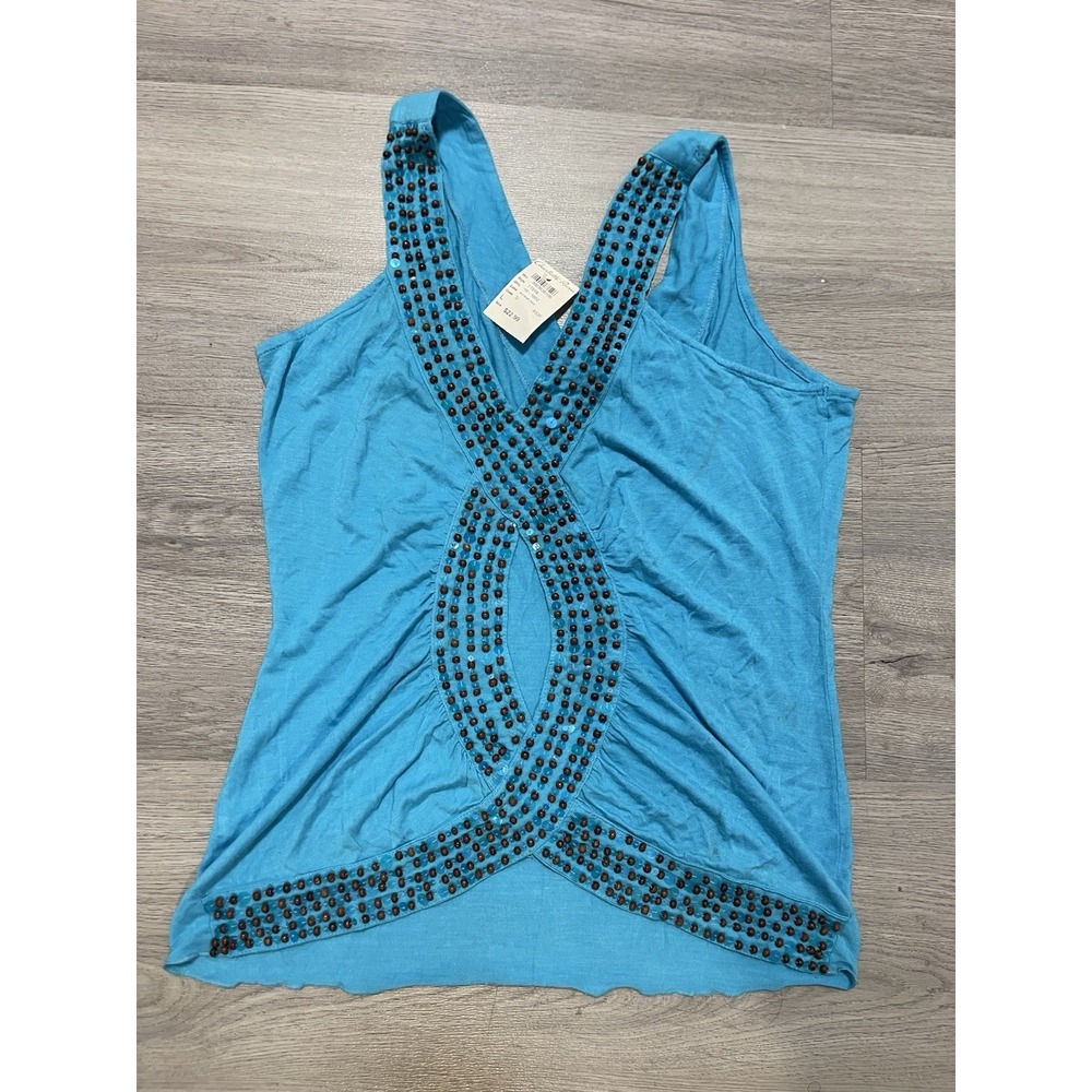 Y2K Charlotte Russe Sequin Beaded NWT Sz L teal Tank Top Dress Shirt Deadstock - Picture 2 of 3